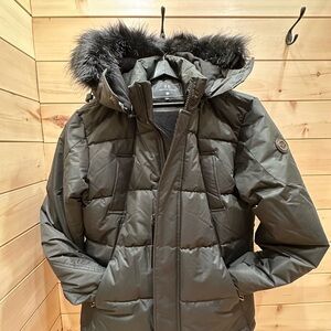Men's Dark Gray Puffer Jacket with Fur Trim